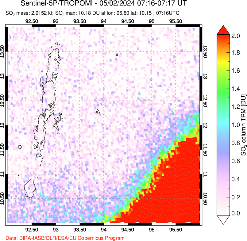 A sulfur dioxide image over Andaman Islands, Indian Ocean on May 02, 2024.