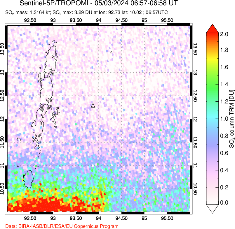 A sulfur dioxide image over Andaman Islands, Indian Ocean on May 03, 2024.