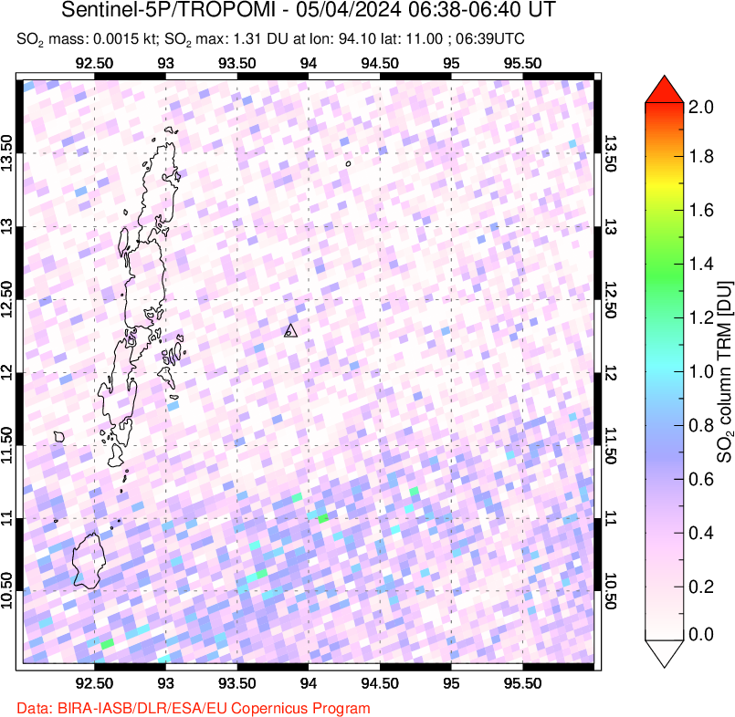 A sulfur dioxide image over Andaman Islands, Indian Ocean on May 04, 2024.