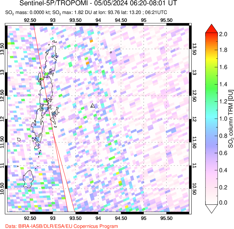 A sulfur dioxide image over Andaman Islands, Indian Ocean on May 05, 2024.