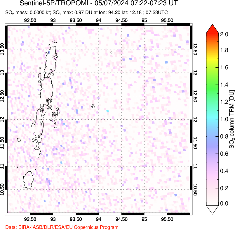 A sulfur dioxide image over Andaman Islands, Indian Ocean on May 07, 2024.