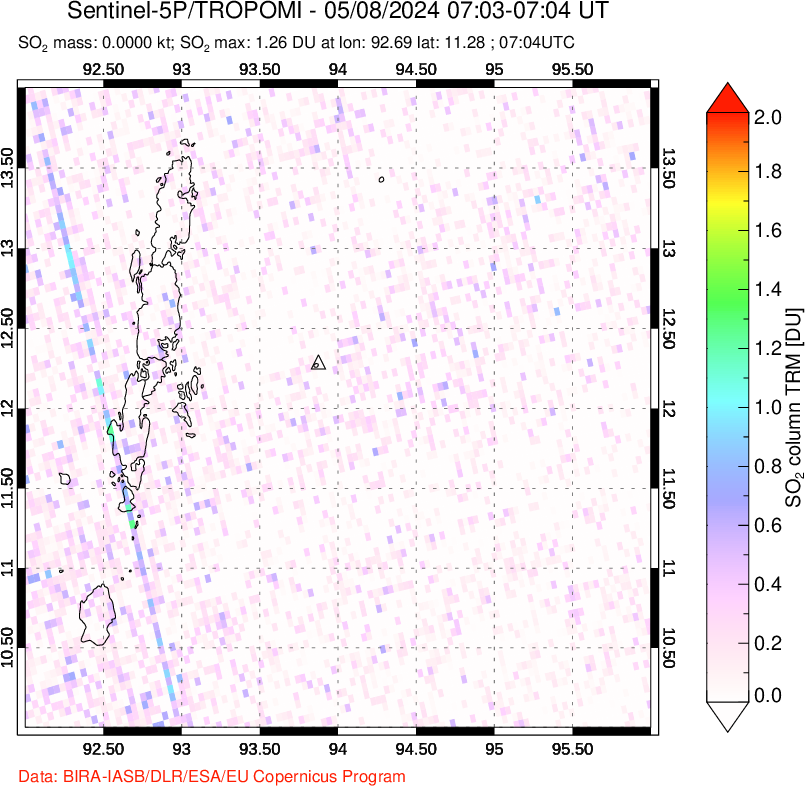 A sulfur dioxide image over Andaman Islands, Indian Ocean on May 08, 2024.