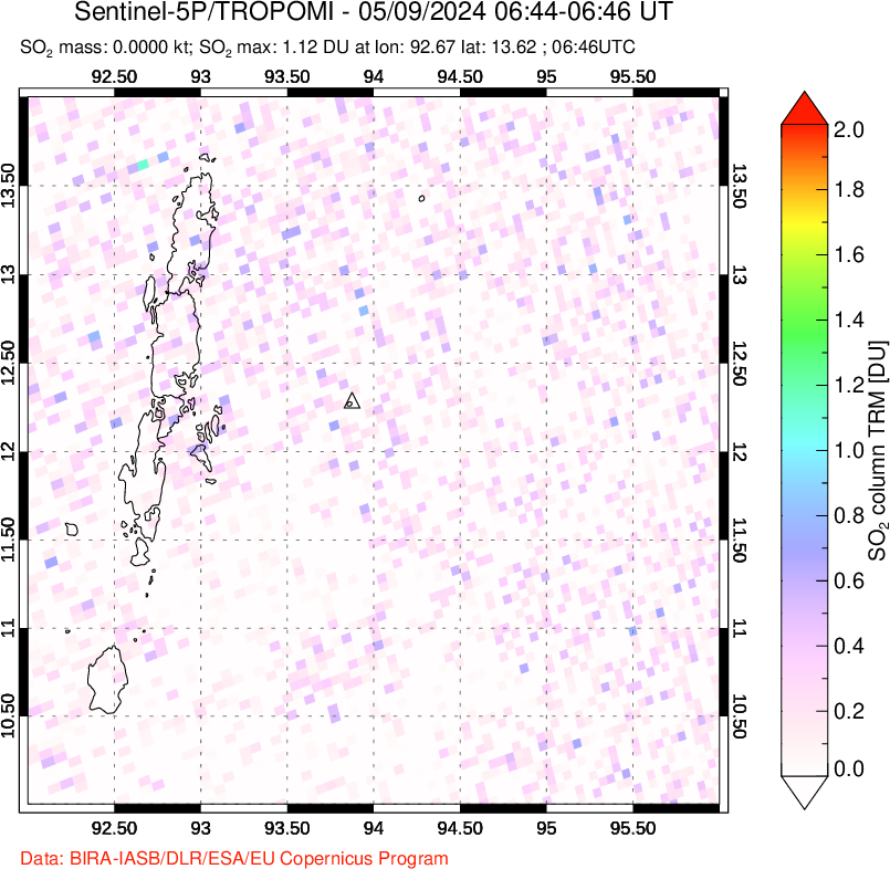 A sulfur dioxide image over Andaman Islands, Indian Ocean on May 09, 2024.