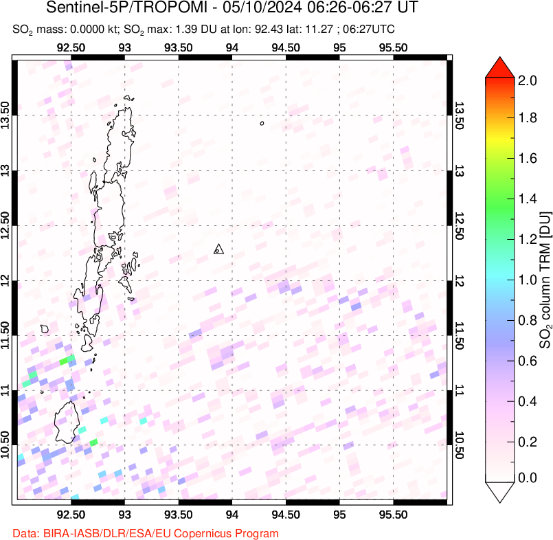 A sulfur dioxide image over Andaman Islands, Indian Ocean on May 10, 2024.