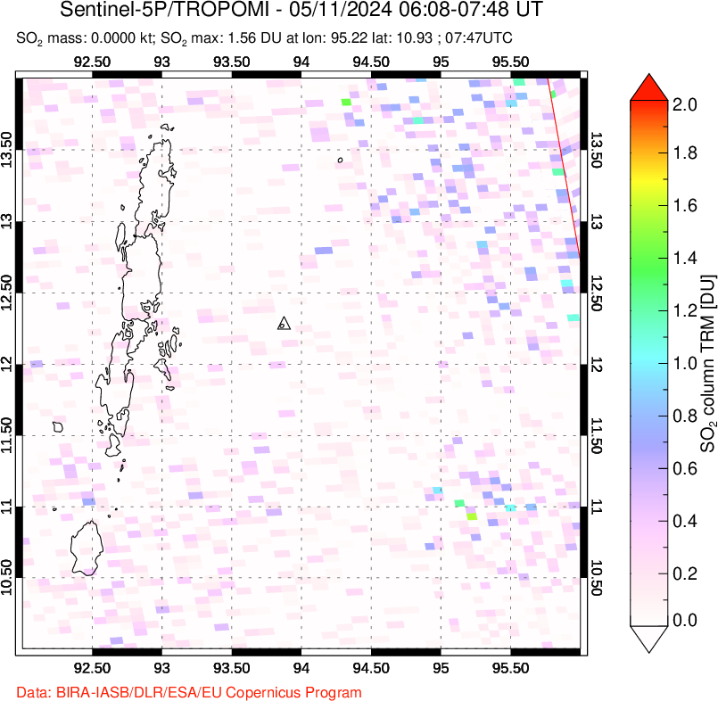 A sulfur dioxide image over Andaman Islands, Indian Ocean on May 11, 2024.