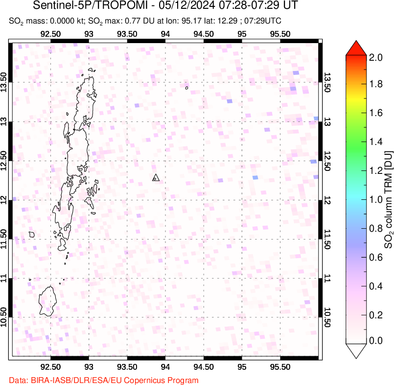 A sulfur dioxide image over Andaman Islands, Indian Ocean on May 12, 2024.