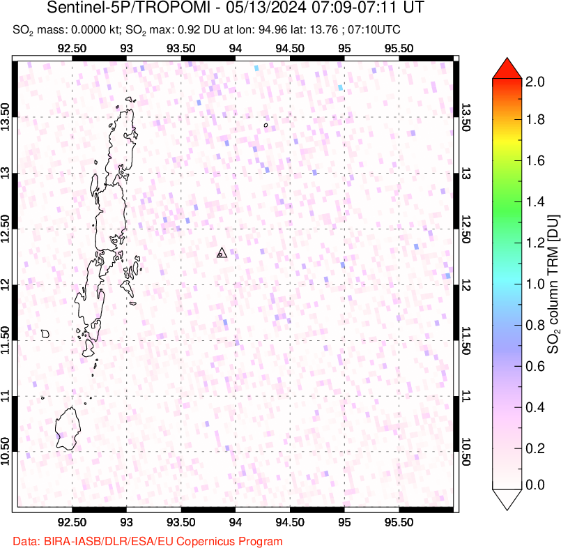 A sulfur dioxide image over Andaman Islands, Indian Ocean on May 13, 2024.