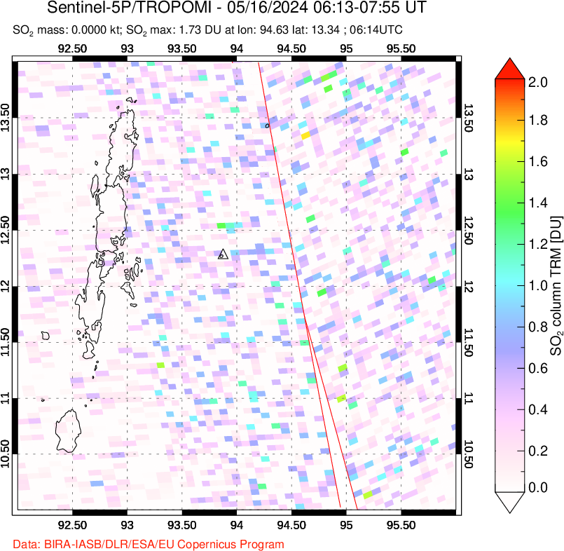 A sulfur dioxide image over Andaman Islands, Indian Ocean on May 16, 2024.