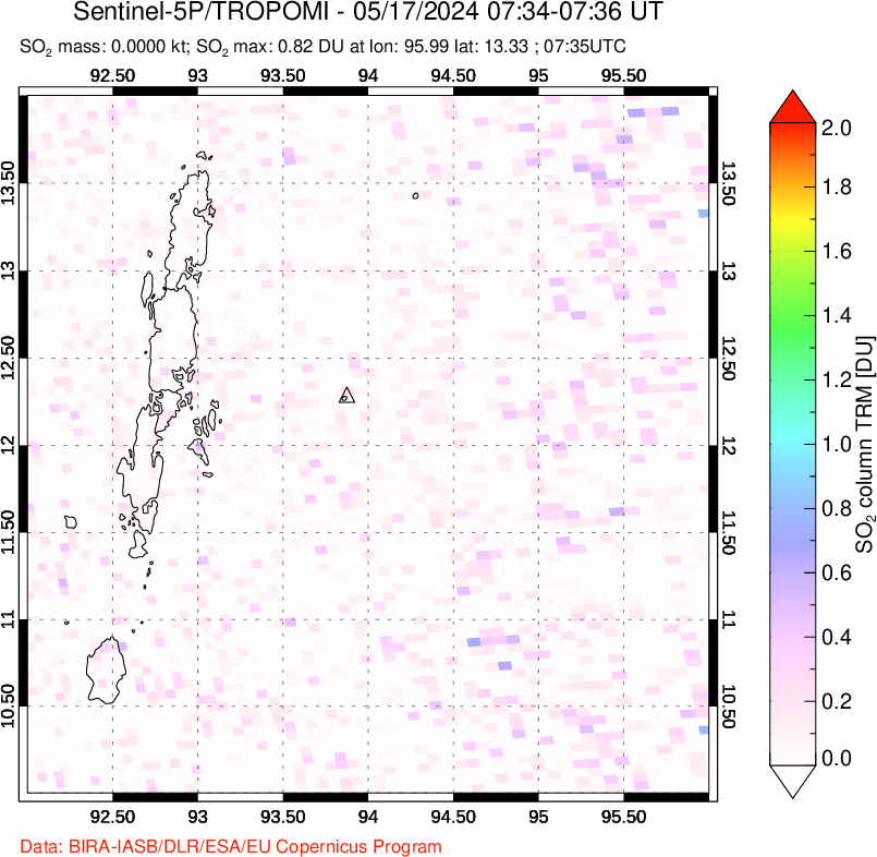 A sulfur dioxide image over Andaman Islands, Indian Ocean on May 17, 2024.