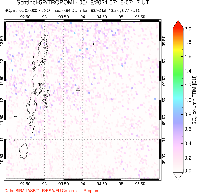 A sulfur dioxide image over Andaman Islands, Indian Ocean on May 18, 2024.