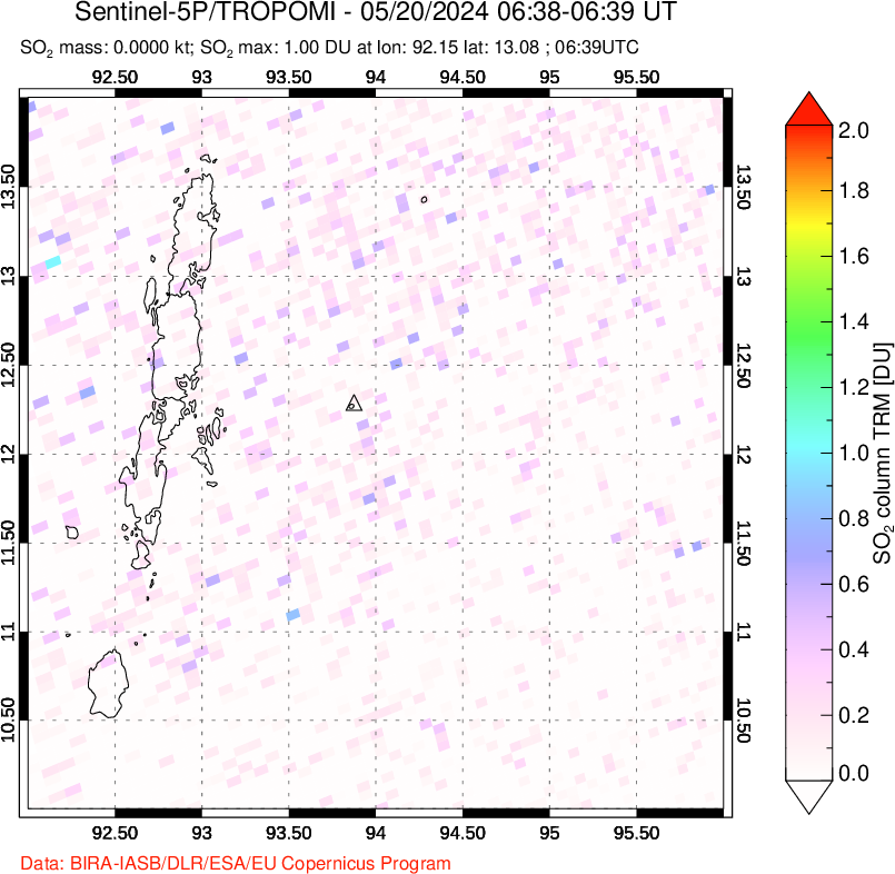 A sulfur dioxide image over Andaman Islands, Indian Ocean on May 20, 2024.