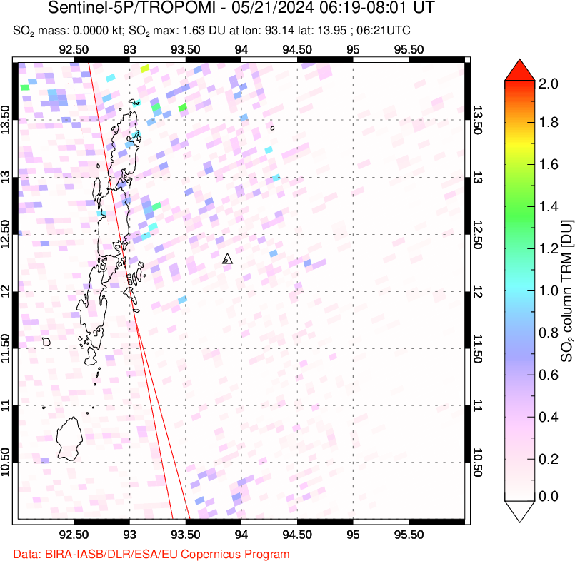 A sulfur dioxide image over Andaman Islands, Indian Ocean on May 21, 2024.