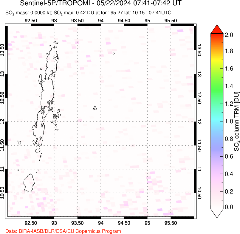 A sulfur dioxide image over Andaman Islands, Indian Ocean on May 22, 2024.