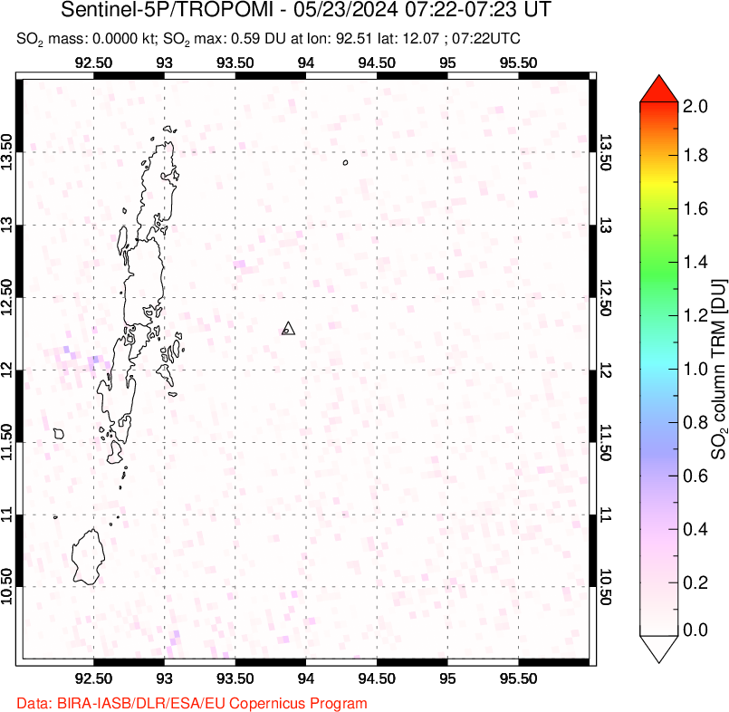 A sulfur dioxide image over Andaman Islands, Indian Ocean on May 23, 2024.