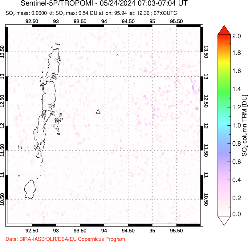 A sulfur dioxide image over Andaman Islands, Indian Ocean on May 24, 2024.