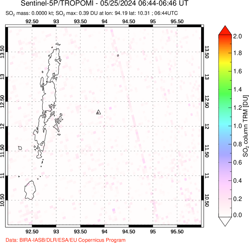 A sulfur dioxide image over Andaman Islands, Indian Ocean on May 25, 2024.