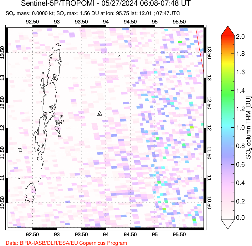 A sulfur dioxide image over Andaman Islands, Indian Ocean on May 27, 2024.