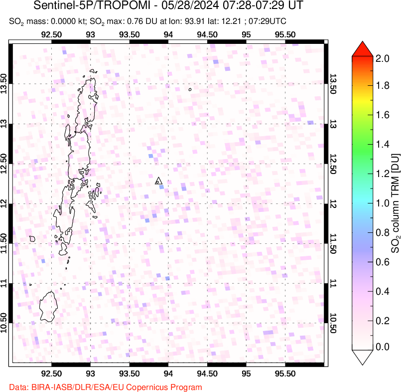 A sulfur dioxide image over Andaman Islands, Indian Ocean on May 28, 2024.