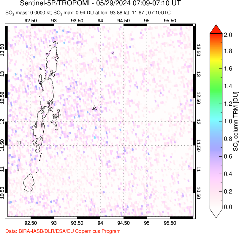 A sulfur dioxide image over Andaman Islands, Indian Ocean on May 29, 2024.