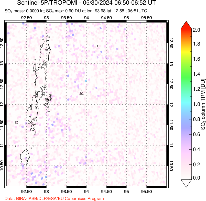 A sulfur dioxide image over Andaman Islands, Indian Ocean on May 30, 2024.