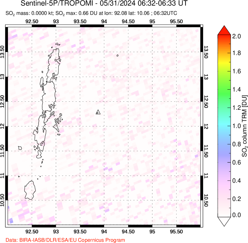 A sulfur dioxide image over Andaman Islands, Indian Ocean on May 31, 2024.