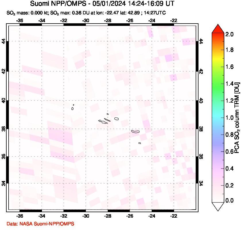 A sulfur dioxide image over Azores Islands, Portugal on May 01, 2024.