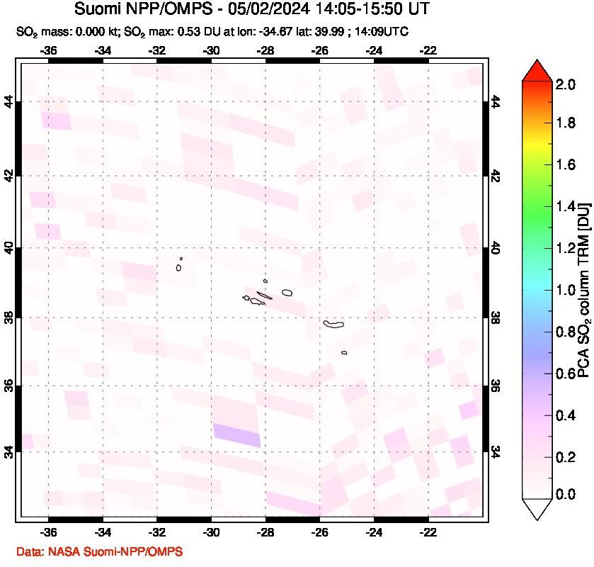 A sulfur dioxide image over Azores Islands, Portugal on May 02, 2024.