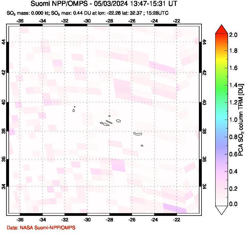 A sulfur dioxide image over Azores Islands, Portugal on May 03, 2024.