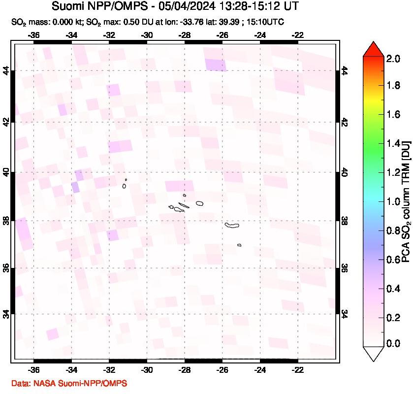 A sulfur dioxide image over Azores Islands, Portugal on May 04, 2024.