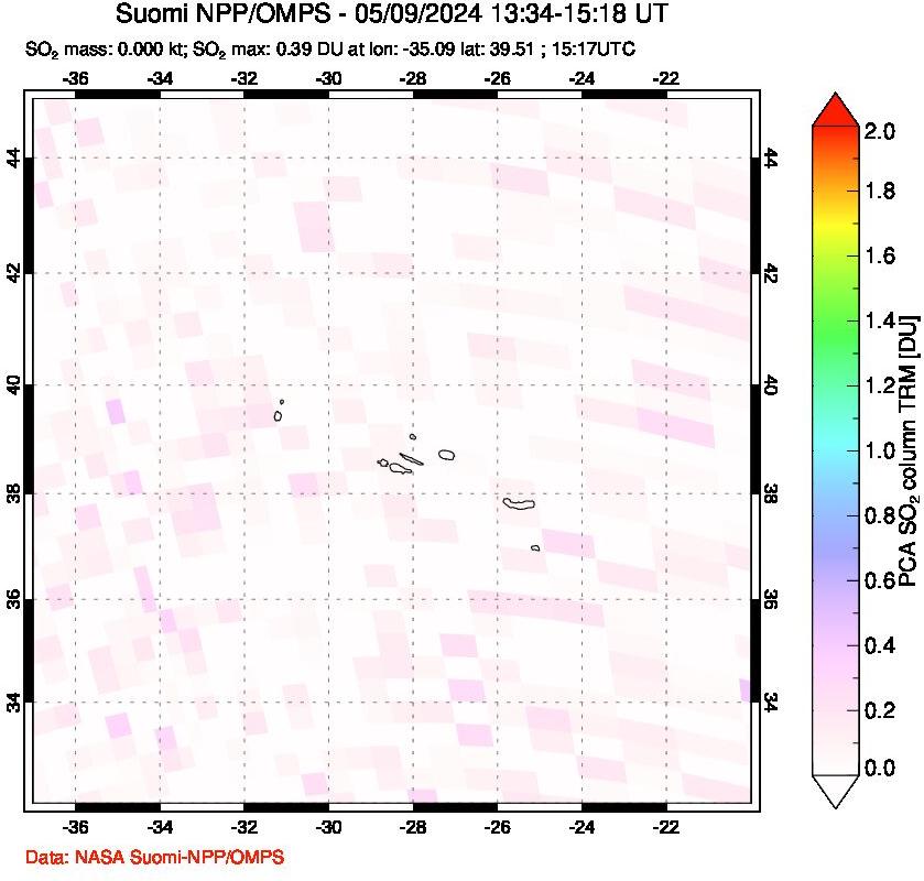 A sulfur dioxide image over Azores Islands, Portugal on May 09, 2024.