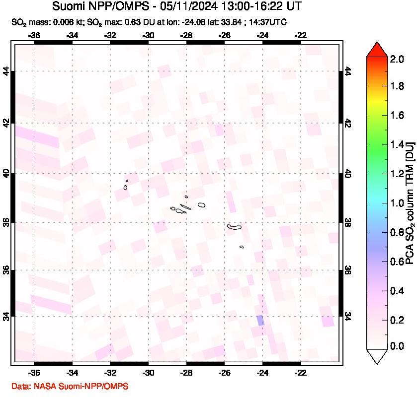 A sulfur dioxide image over Azores Islands, Portugal on May 11, 2024.