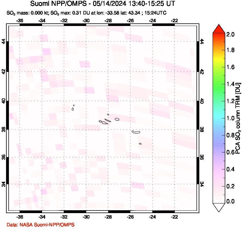 A sulfur dioxide image over Azores Islands, Portugal on May 14, 2024.