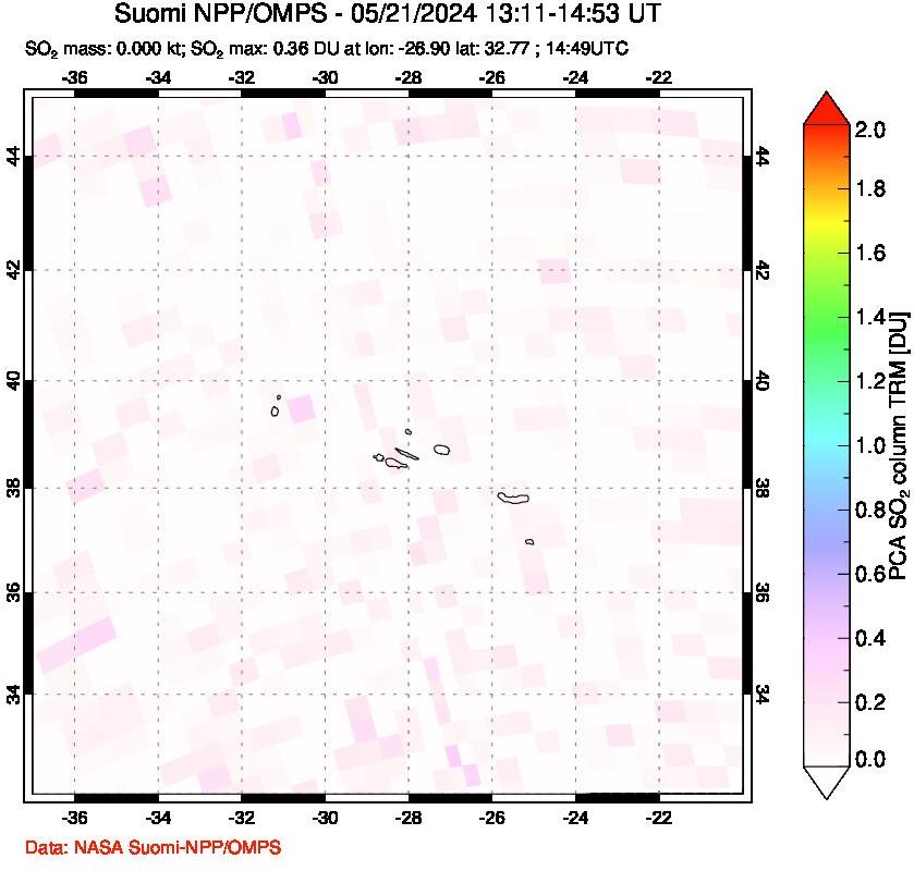 A sulfur dioxide image over Azores Islands, Portugal on May 21, 2024.