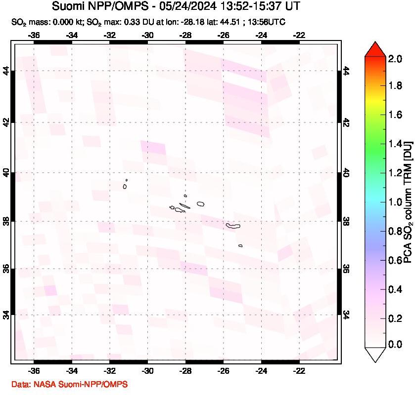 A sulfur dioxide image over Azores Islands, Portugal on May 24, 2024.