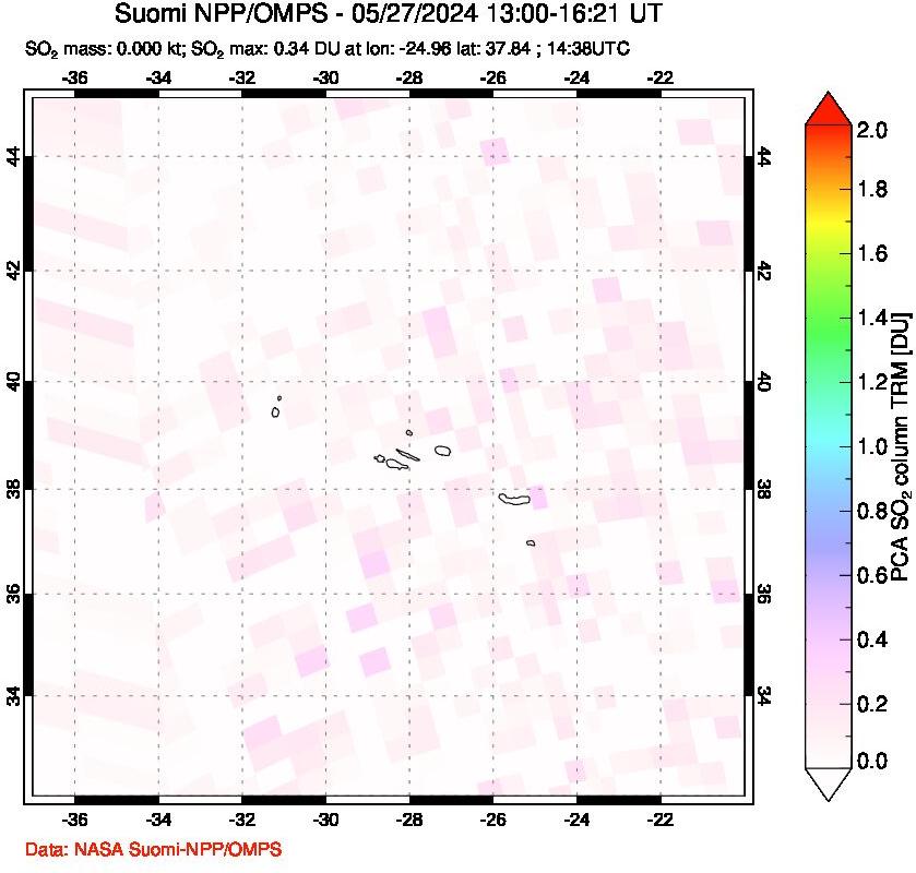 A sulfur dioxide image over Azores Islands, Portugal on May 27, 2024.