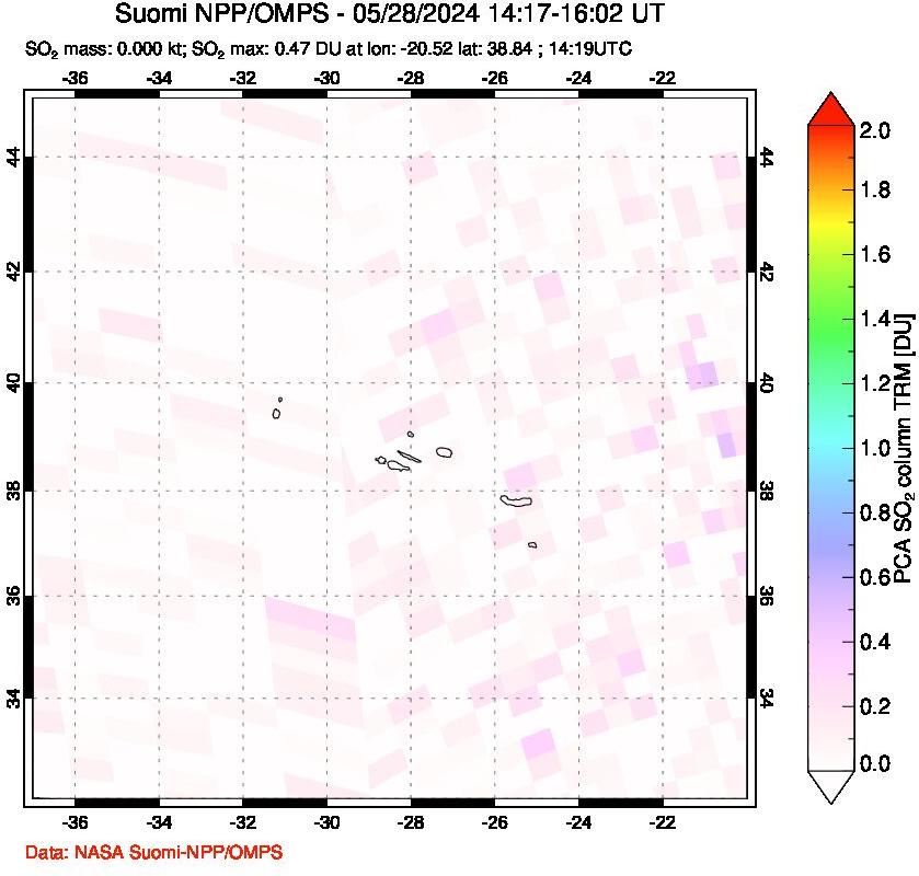 A sulfur dioxide image over Azores Islands, Portugal on May 28, 2024.