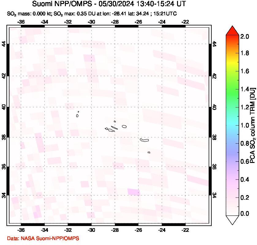 A sulfur dioxide image over Azores Islands, Portugal on May 30, 2024.