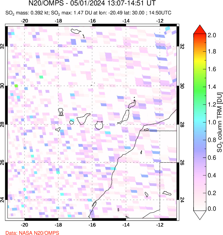 A sulfur dioxide image over Canary Islands on May 01, 2024.