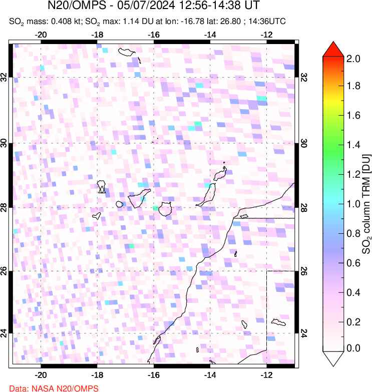 A sulfur dioxide image over Canary Islands on May 07, 2024.