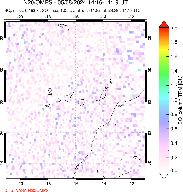 A sulfur dioxide image over Canary Islands on May 08, 2024.