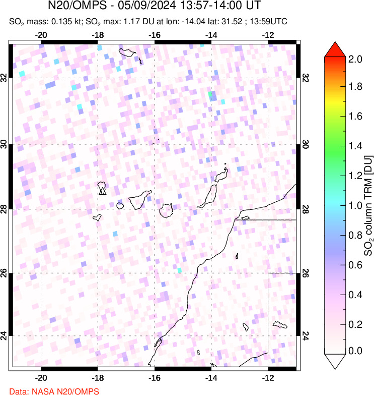 A sulfur dioxide image over Canary Islands on May 09, 2024.