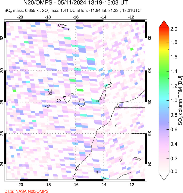 A sulfur dioxide image over Canary Islands on May 11, 2024.