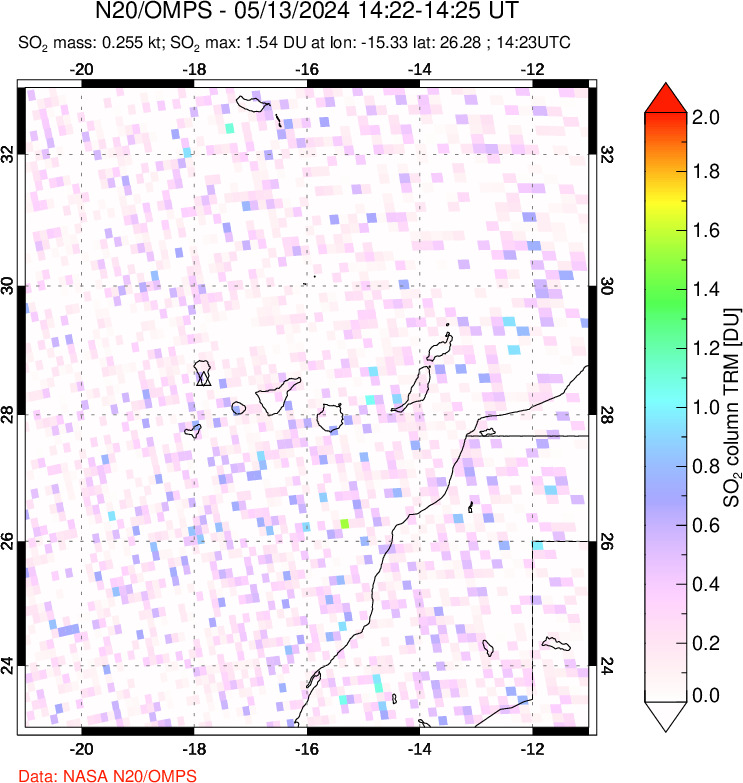 A sulfur dioxide image over Canary Islands on May 13, 2024.