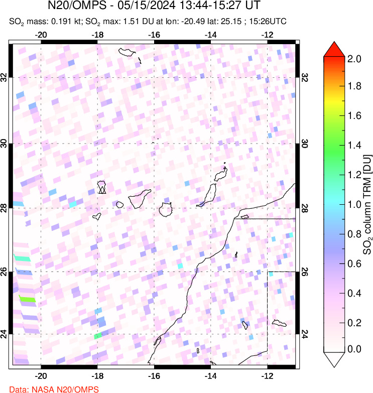 A sulfur dioxide image over Canary Islands on May 15, 2024.