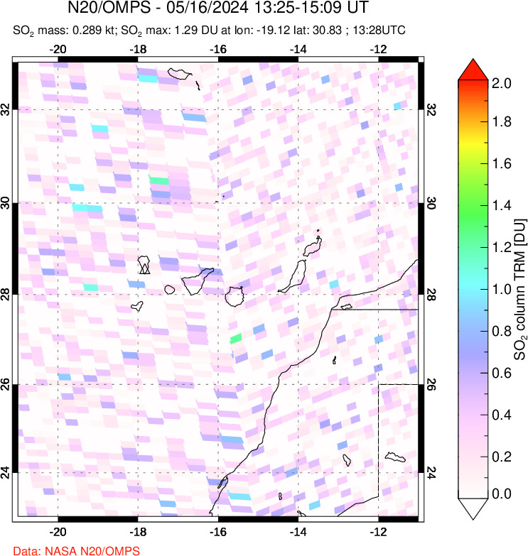 A sulfur dioxide image over Canary Islands on May 16, 2024.