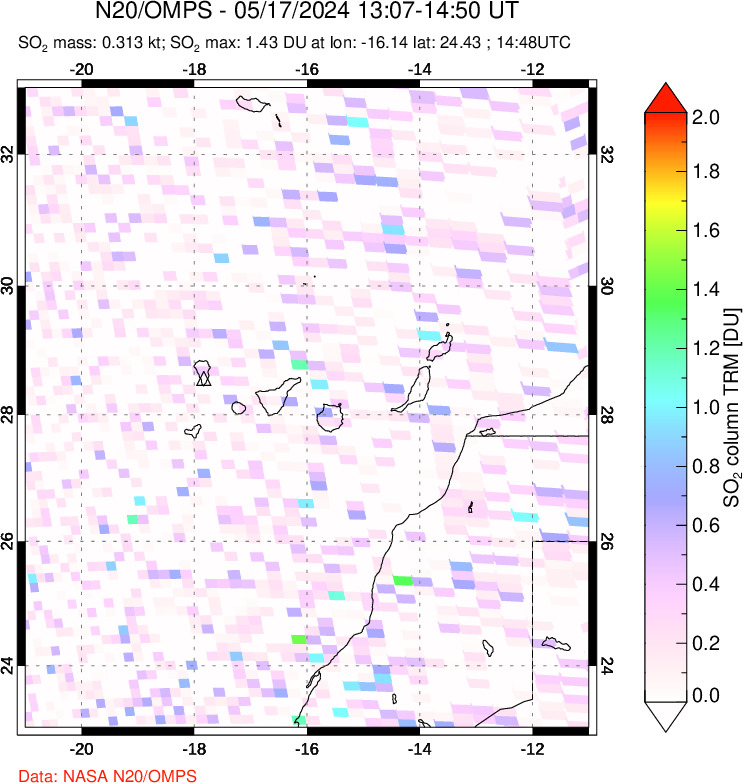 A sulfur dioxide image over Canary Islands on May 17, 2024.