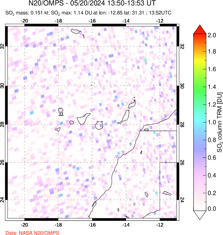 A sulfur dioxide image over Canary Islands on May 20, 2024.