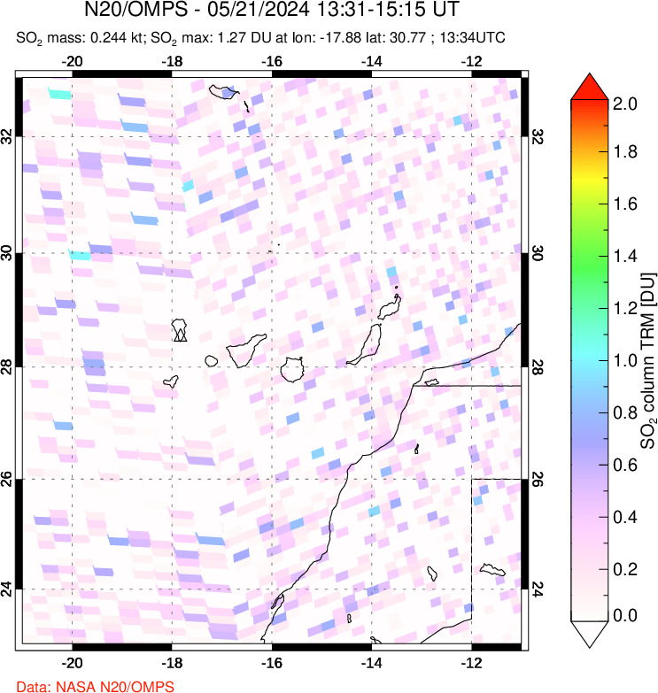 A sulfur dioxide image over Canary Islands on May 21, 2024.