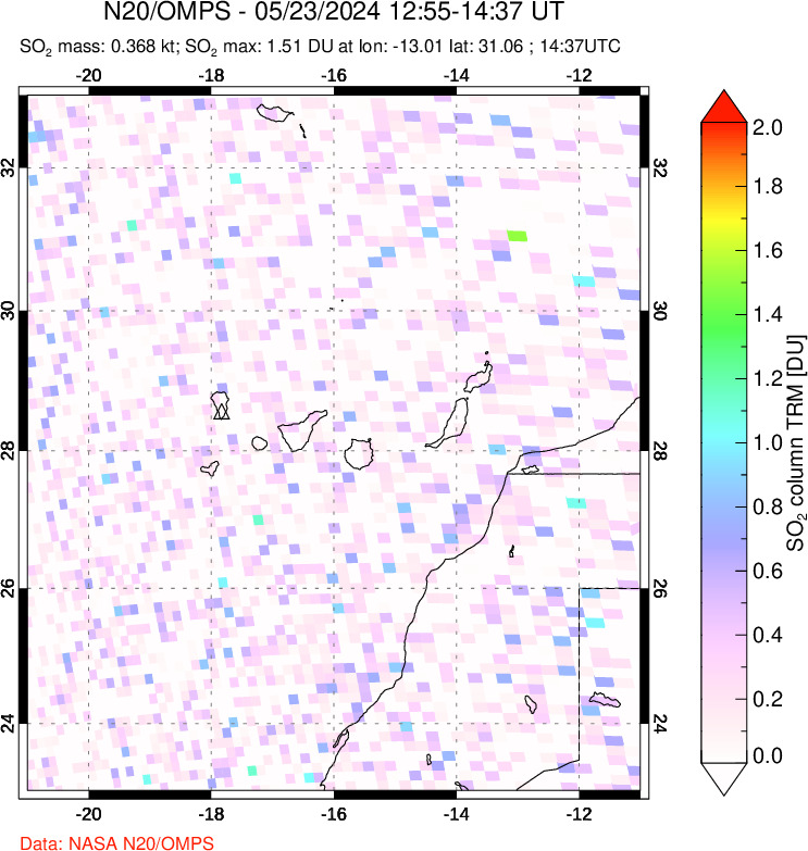 A sulfur dioxide image over Canary Islands on May 23, 2024.