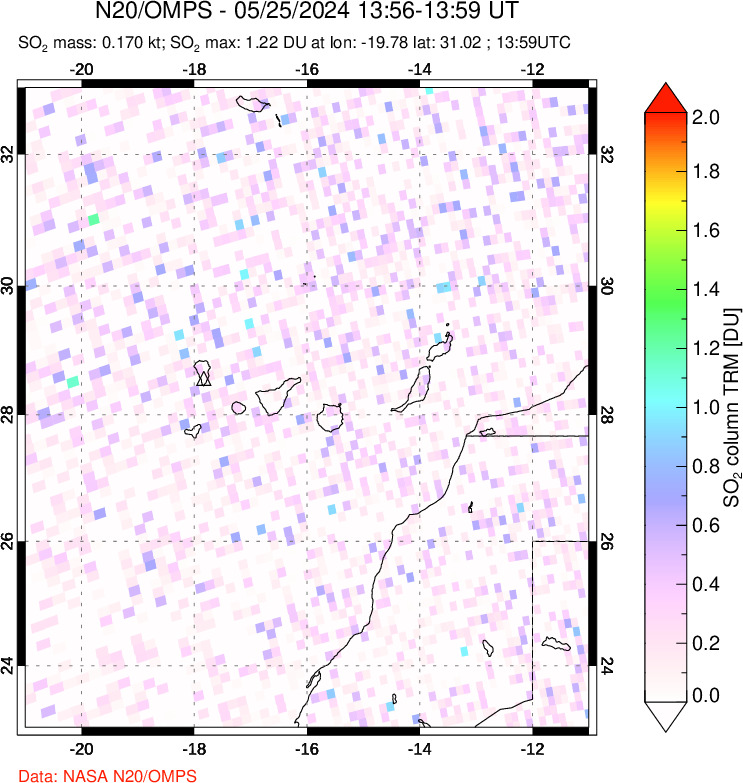 A sulfur dioxide image over Canary Islands on May 25, 2024.